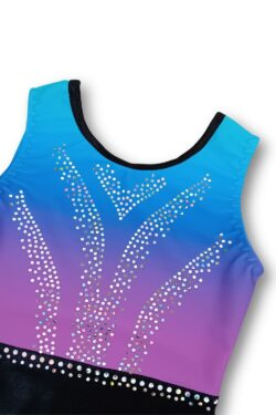 Mouwloos turnpakje blauw paars met glitter voor meisjes.